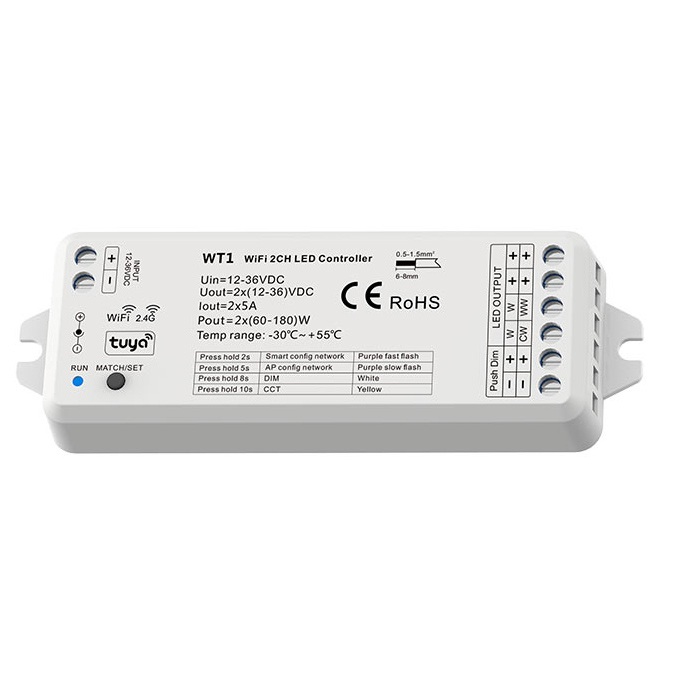 Tuya APP + RF 2.4GHz WiFi 5 in1 CCT 2CH LED Controller WT1